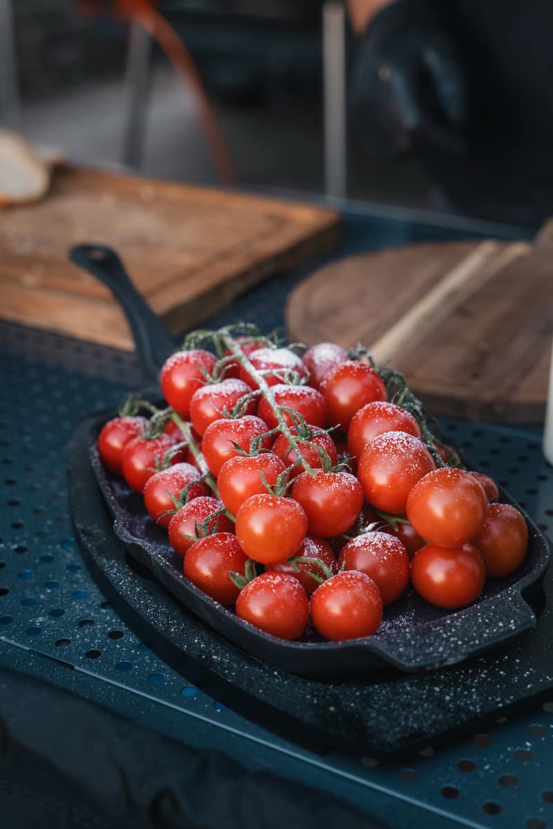 Kirschtomaten mit Salzflocken in der Gusseisenpfanne